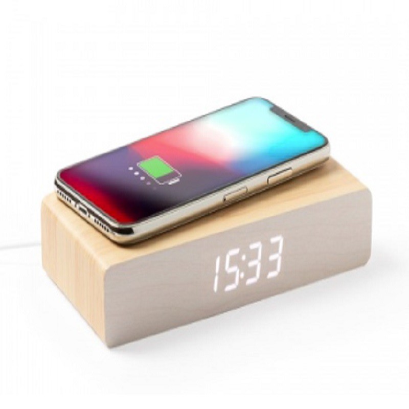 Ultra thin Desktop Wooden Phone Wireless Charger with LED Clock