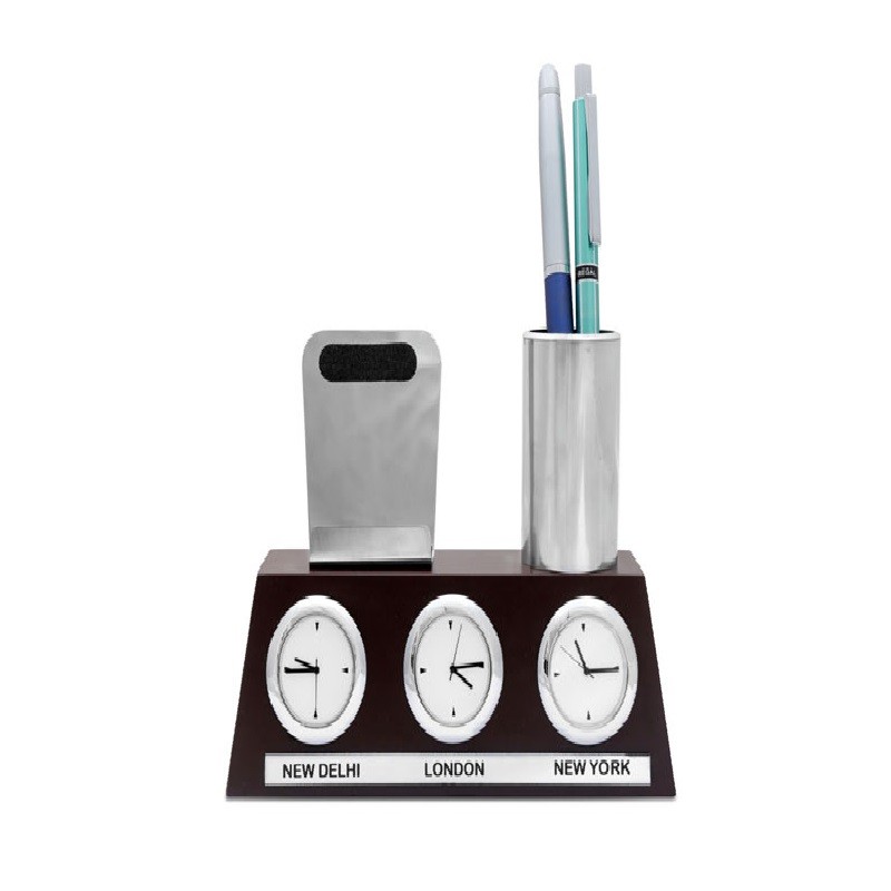 World clock with pen stand and mobile stand