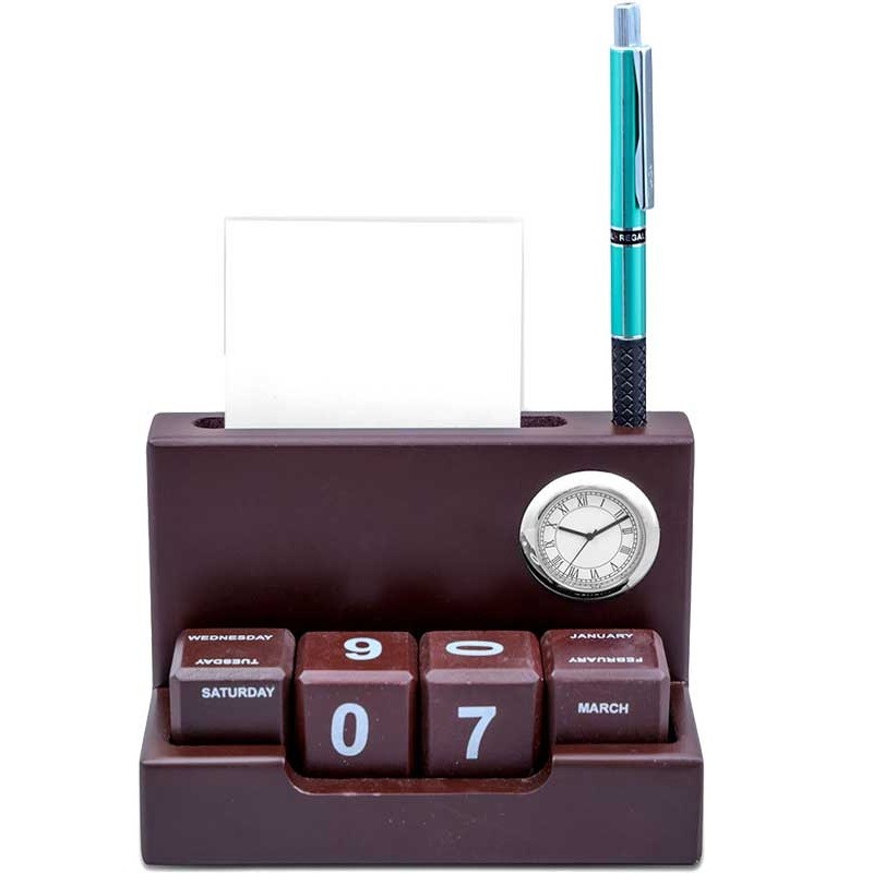 Wooden desk holder with pen stand, clock, cube style calendar and visiting card holder