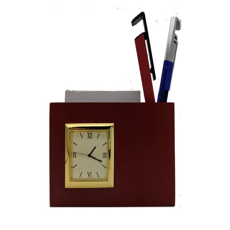 Wooden Square shape utility holder with pen stand and clock