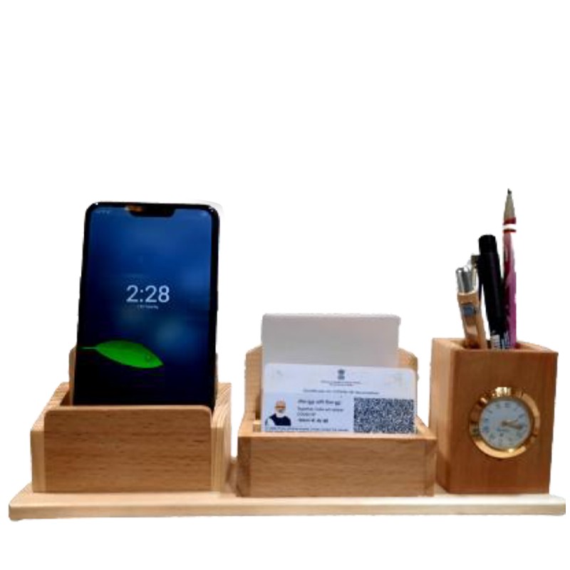 Mobile Stand, Card and Pen Holder with Clock